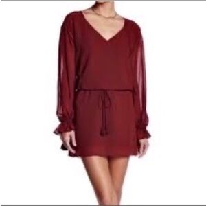 Haute Hippie Burgundy V-Neck Long Sleeve Midi Dress
